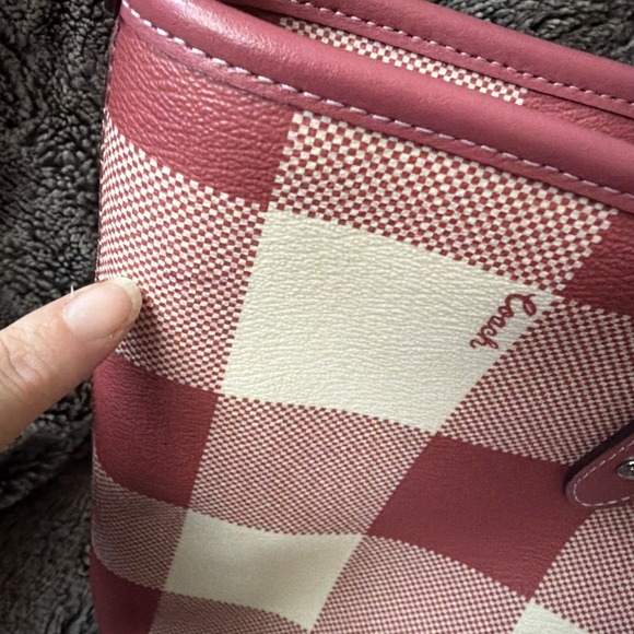 COACH Buffalo Plaid Red Pink Tote Bag Leather Trim & Full Size Wallet Wallet - Picture 9 of 16